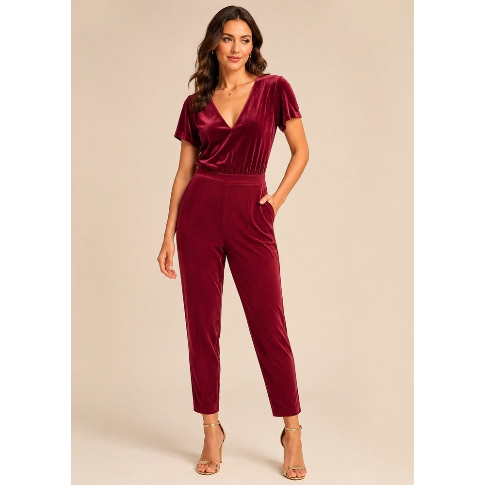 White House Black Market Womens 0 Burgundy S/S Career Velvet‎ Bodice Jumpsuit